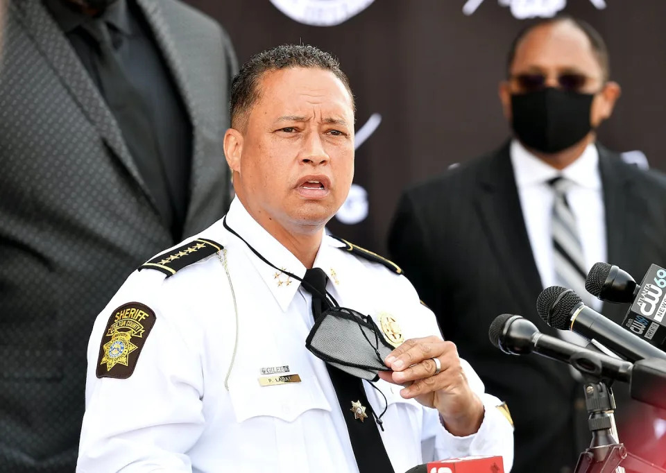 Fulton County Sheriff Patrick Labat speaks during a news conference. <a href="https://www.gettyimages.com/detail/news-photo/fulton-county-sheriff-patrick-labat-speaks-during-pepsi-news-photo/1311333461?adppopup=true" rel="nofollow noopener" target="_blank" data-ylk="slk:Paras Griffin/Getty Images;elm:context_link;itc:0" class="link rapid-noclick-resp">Paras Griffin/Getty Images</a>