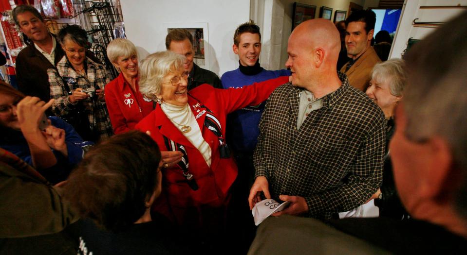 Samuel "Joe the Plumber" Wurzelbacher gets a hug from Mary Leavitt in 2008 at The Flag Lady store.