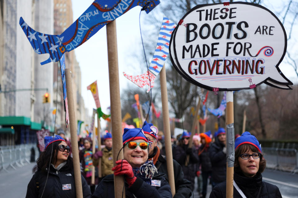 Demonstrators take part in a march organized by the Women’s March Alliance in the Manhattan borough of New York City, Jan. 19, 2019. (Photo: Caitlin Ochs/Reuters)