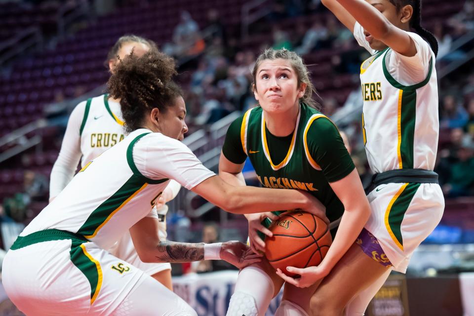 Blackhawk's Alena Fusetti gets called for a travel in the paint during the PIAA Class 4A Girls' Basketball Championship against Lansdale Catholic at the Giant Center on March 25, 2023, in Hershey. The Crusaders won, 53-45.