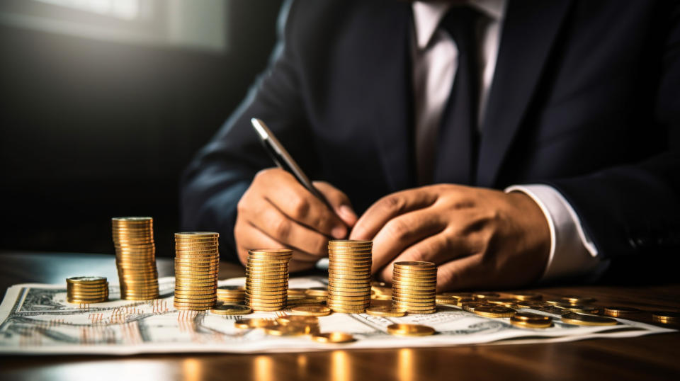 A businessman in a suit, counting stacks of money in front of a graph of a mortgage finance market.