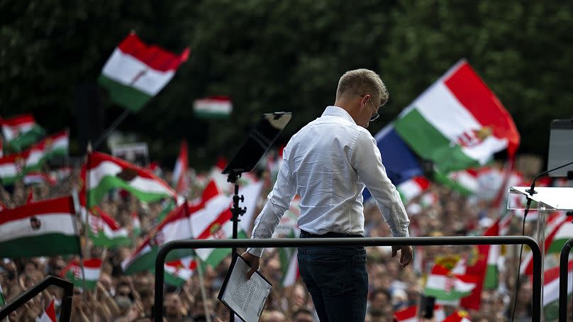 Péter Magyar, a rising challenger to Hungarian Prime Minister Viktor Orbán, enters the stage at a campaign rally in the rural city of Debrecen, Hungary, on May 5, 2024. 