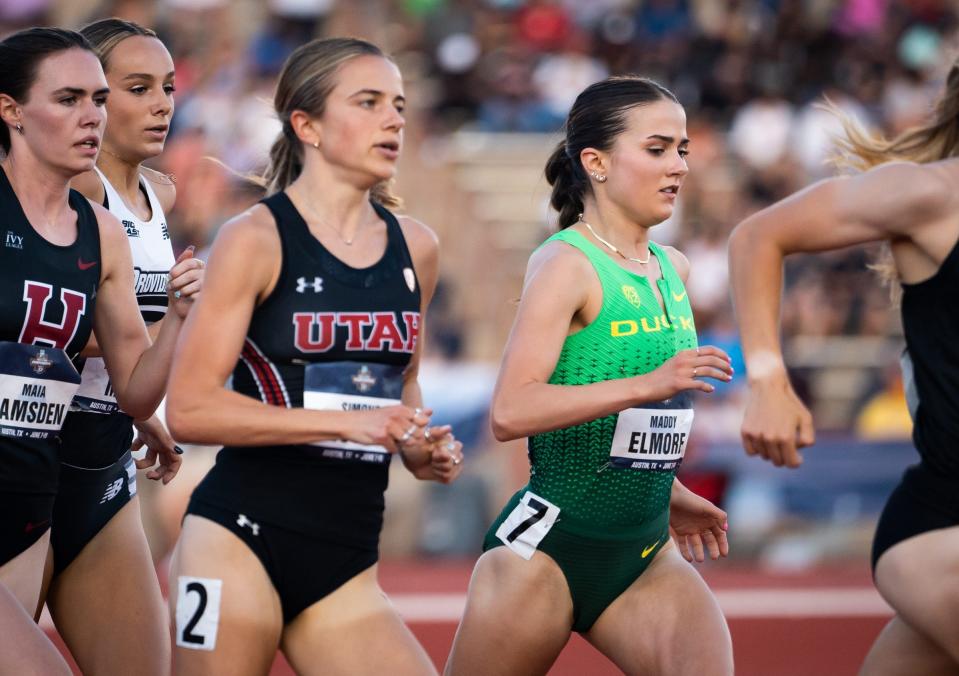 Oregon's Maddy Elmore is entered in the 3,000 meters at the 2024 NCAA Indoor Track & Field Championship meet.