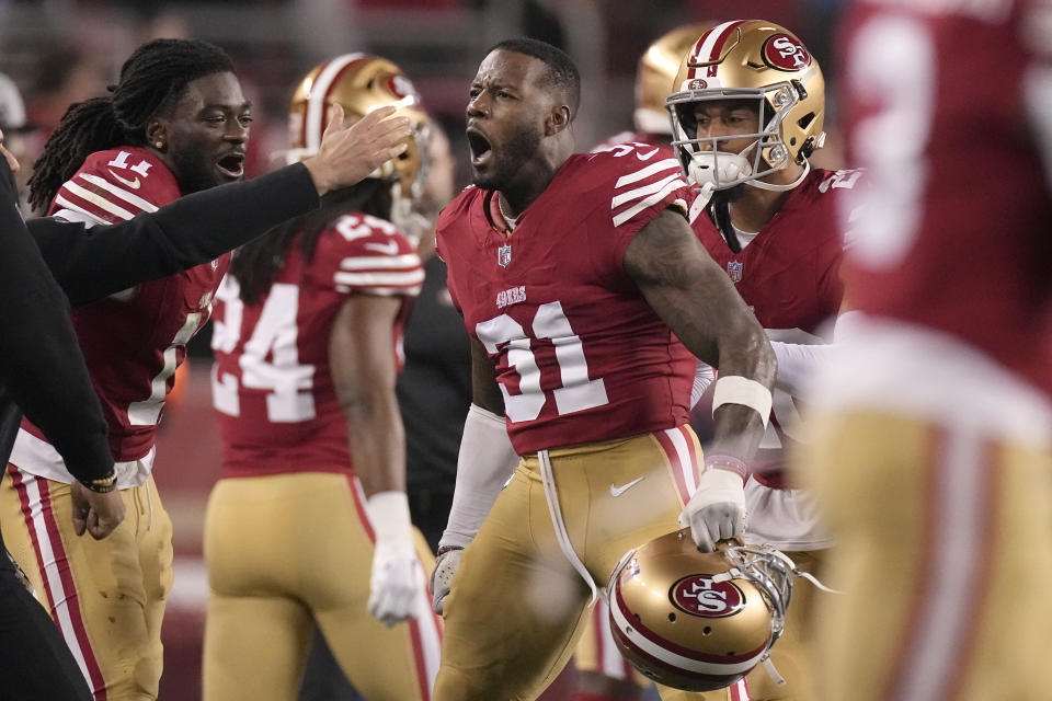 San Francisco 49ers wide receiver Brandon Aiyuk, left, and safety Tashaun Gipson Sr. (31) celebrate during the second half of the NFC Championship NFL football game against the Detroit Lions in Santa Clara, Calif., Sunday, Jan. 28, 2024. (AP Photo/Mark J. Terrill)