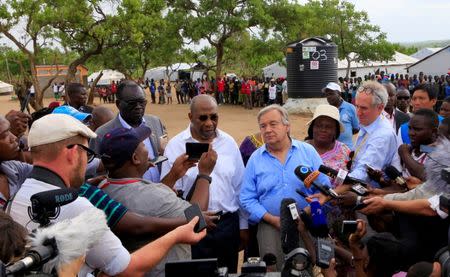 UN Secretary General Antonio Guterres addresses the media soon his tour of Imvepi, where south Sudanese refugees are settled, in northern Uganda June 22, 2017. REUTERS/James Akena