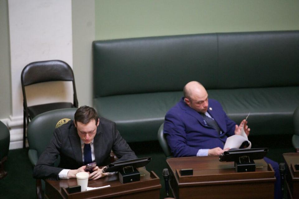  Sens. Sam Bell, left, and Anthony DeLuca, right, seen on the Senate Floor on Tuesday, May 21, 2024, were the only two senators who voted against Dr. Jerome Larkin’s appointment to lead the Rhode Island Department of Health. (Alexander Castro/Rhode Island Current)