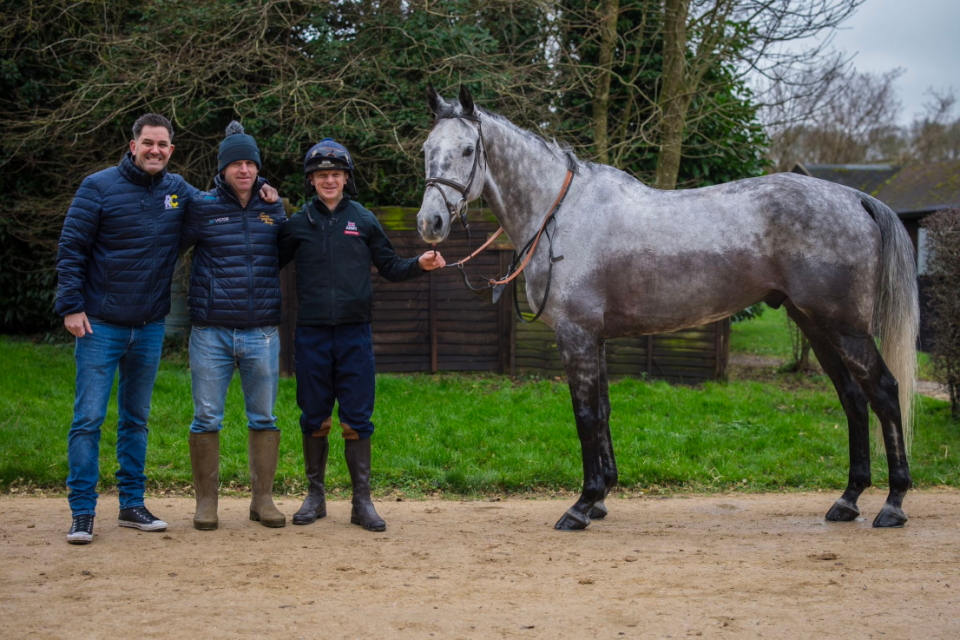 Racing Club co-founder Jordan Wylie, trainer Jamie Snowden and Major Will Kellard with their Sandown Military Gold Cup winner Farceur Du Large