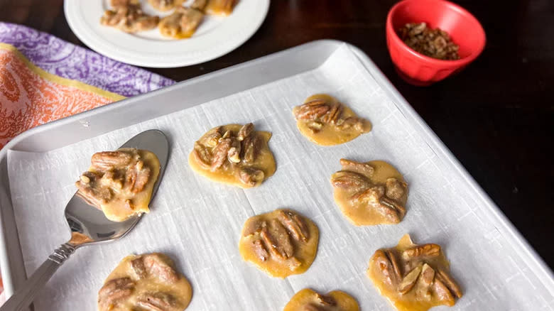 Bourbon Pecan Pralines on Baking Tray