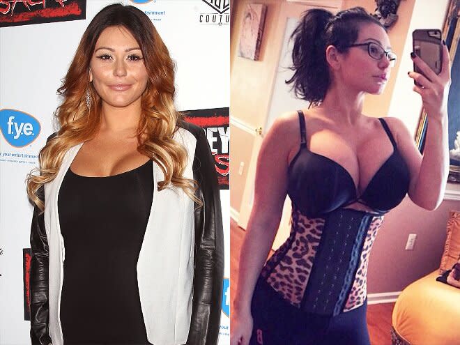 <p>JWoww was never one to try to hide her breast augmentation (literally or figuratively), and a few months after having her daughter, the star was <a href="http://stylenews.peoplestylewatch.com/2015/02/12/jenni-jwoww-farley-second-boob-job/" rel="nofollow noopener" target="_blank" data-ylk="slk:back on social media;elm:context_link;itc:0;sec:content-canvas" class="link ">back on social media</a> to discuss her new implants. “Ten years later and with the birth of my angel baby Meilani, [my implants] had changed a bit, especially with breastfeeding. I wanted them really badly,” she wrote. “They are so amazing right now and still have a soft, natural look to them thanks to my amazing doctor.”</p>