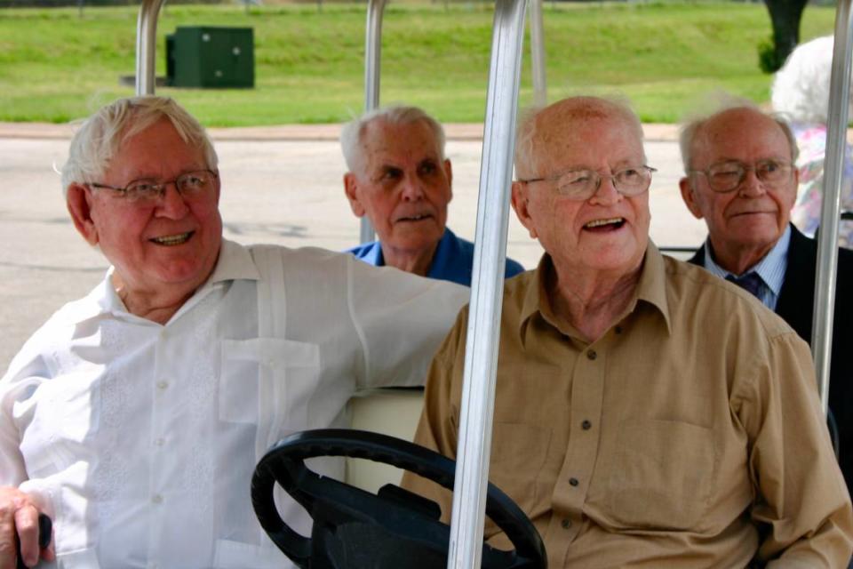 Former Masonic Home Mighty Mites depicted in “Twelve Mighty Orphans”: (from left) Doug Lord, C.D. Sealey, Norman Strange, Miller Moseley.