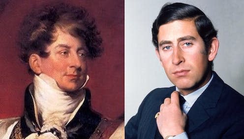 <span class="caption">Left: George, Prince Regent and Prince of Wales by Thomas Lawrence (1816). Right: Charles III photographed by Allan Warren (1972). </span> <span class="attribution"><a class="link " href="https://commons.wikimedia.org/wiki/File:HRH_Prince_Charles_43_Allan_Warren.jpg" rel="nofollow noopener" target="_blank" data-ylk="slk:Vatican Museums/Allan Warren;elm:context_link;itc:0;sec:content-canvas">Vatican Museums/Allan Warren</a>, <a class="link " href="http://creativecommons.org/licenses/by-sa/4.0/" rel="nofollow noopener" target="_blank" data-ylk="slk:CC BY-SA;elm:context_link;itc:0;sec:content-canvas">CC BY-SA</a></span>