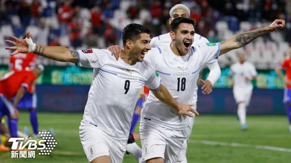 烏拉圭主力前鋒蘇亞雷斯（左）與隊友戈雷斯慶祝進球。（圖/達志影像美聯社）