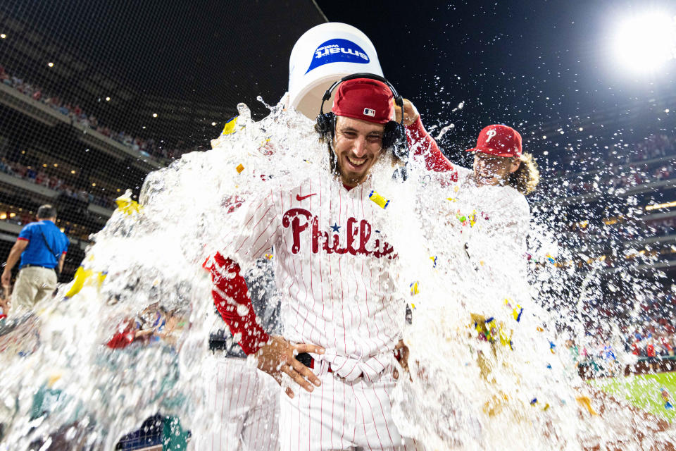 Aug. 9: Philadelphia Phillies starting pitcher Michael Lorenzen is doused with water by teammate Alec Bohm (28) after throwing a no-hitter against the Washington Nationals at Citizens Bank Park. It was the first no-hitter of Lorenzen's career and 14th in Phillies franchise history.