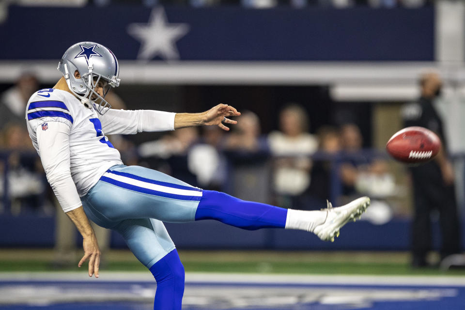 Bryan Anger's high punt hit the video board above the field at AT&T Stadium. (Photo by Wesley Hitt/Getty Images)