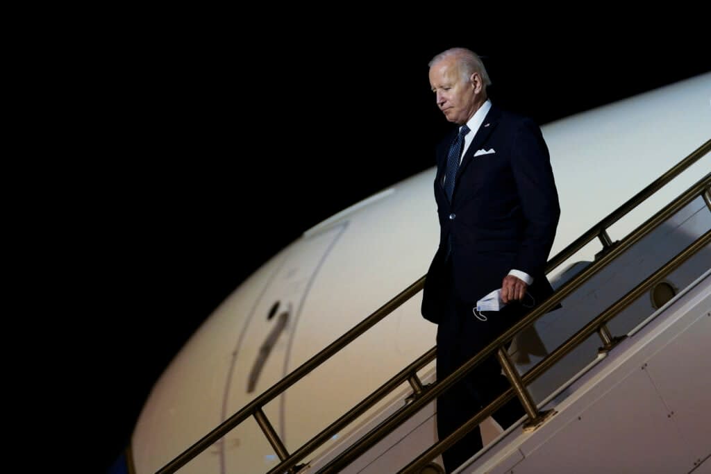 President Joe Biden walks down the steps of Air Force One at Dover Air Force Base, Del., Thursday, June 2, 2022, as he heads to Rehobeth Beach, Del., for the weekend. (AP Photo/Susan Walsh)