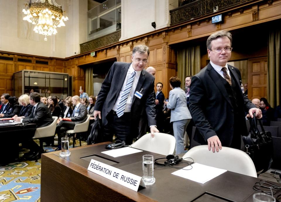 Russian representatives Gennady Kuzmin (L) and Konstantin Kosorukov failed to convince the ICJ not to allow a Ukrainian case against Moscow (ANP/AFP via Getty Images)