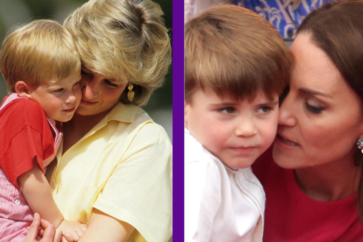  Prince Harry and Princess Diana and split layout with Prince Louis and Kate Middleton. 