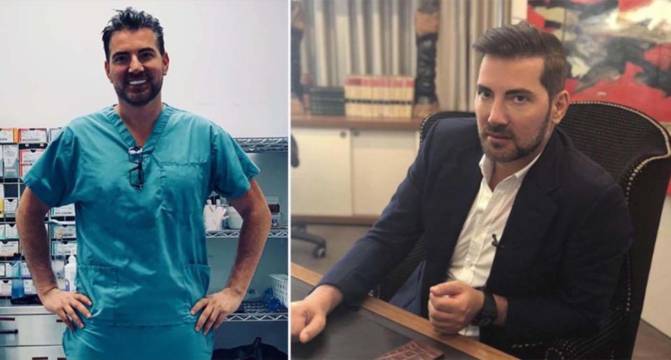 Sydney plastic surgeon Dr Kourosh Tavakoli in scrubs (left) and at his desk.  