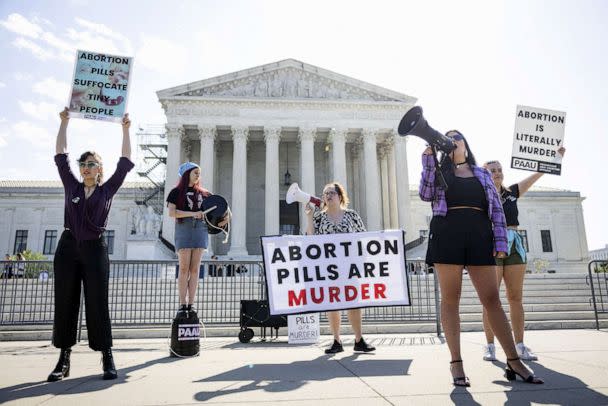 PHOTO: Anti-abortion protesters gather outside the US Supreme Court as the justices prepare to issue an order on whether women will face restrictions procuring the abortion pill mifepristone at the Supreme Court in Washington, D.C., on April 21, 2023. (Jim Lo Scalzo/EPA via Shutterstock)