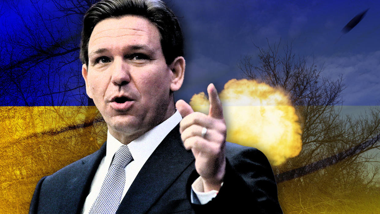 Florida Gov. Ron DeSantis and fighting in Bakhmut, Ukraine. (Photo illustration: Kelli R. Grant/Yahoo News; photos: Phil Sears/AP, Evgeniy Maloletka/AP, Getty Images)