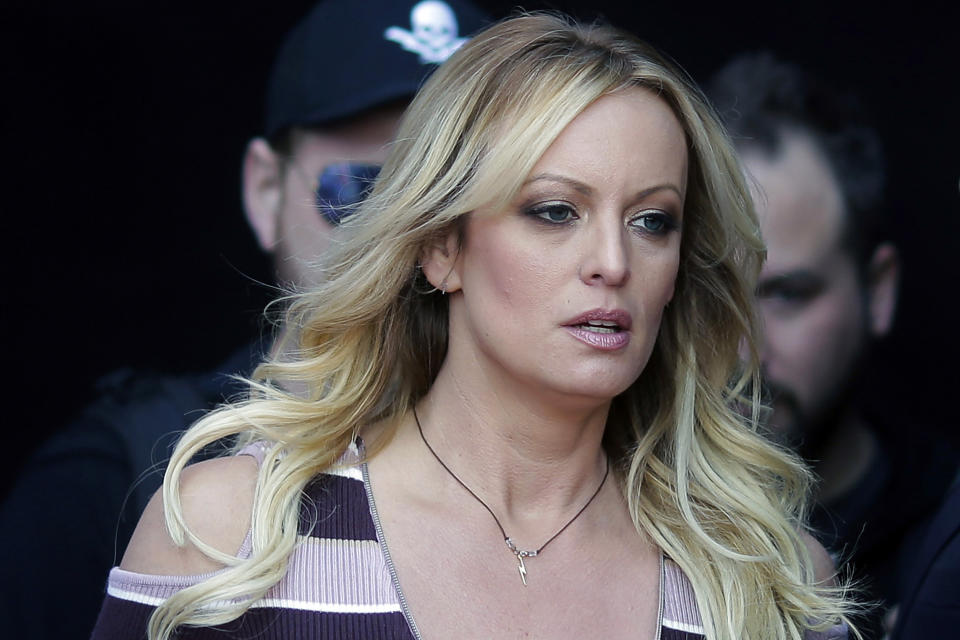 FILE - Stormy Daniels arrives at an event in Berlin, on Oct. 11, 2018. Witness testimony in Donald Trump's hush money trial is set to move forward again and all eyes are on who will be called next. An attorney for Stormy Daniels says the porn actor is expected to appear as a witness on Tuesday. (AP Photo/Markus Schreiber, File)