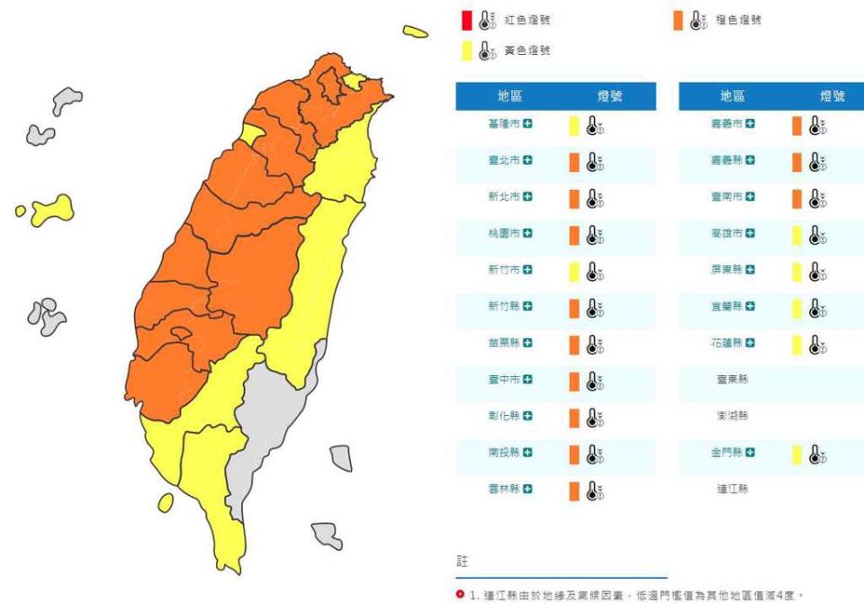 氣象局發布全台19縣市低溫特報，其中台南以北16縣市是6度以下的澄色燈號，非常寒冷。(翻攝自氣象局)