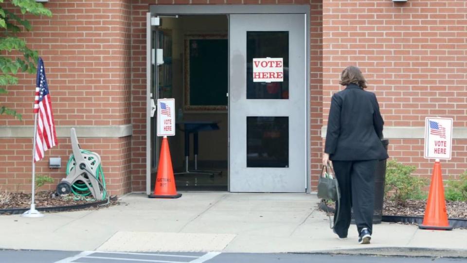 A voter enters Clays Mill Elementary school on May 16, 2023, to cast their ballot as Kentucky went to the polls on primary election day across the state. Workers at this precinct said they had 40 people vote in the first two hours the polls were open.