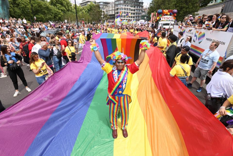 A man waves a Pride flag on Park Lane (James Manning/PA) (PA Wire)