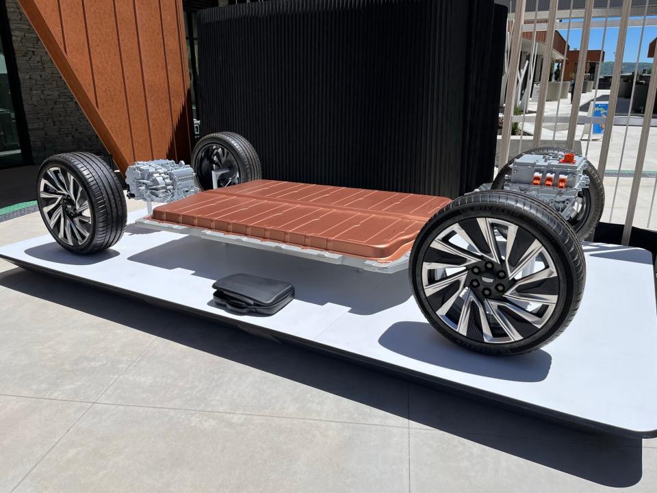 The 'skateboard' chassis that includes the Lyriq's battery, electric motors and control electronics is smaller than the one used by the full-size Hummer electric pickup.