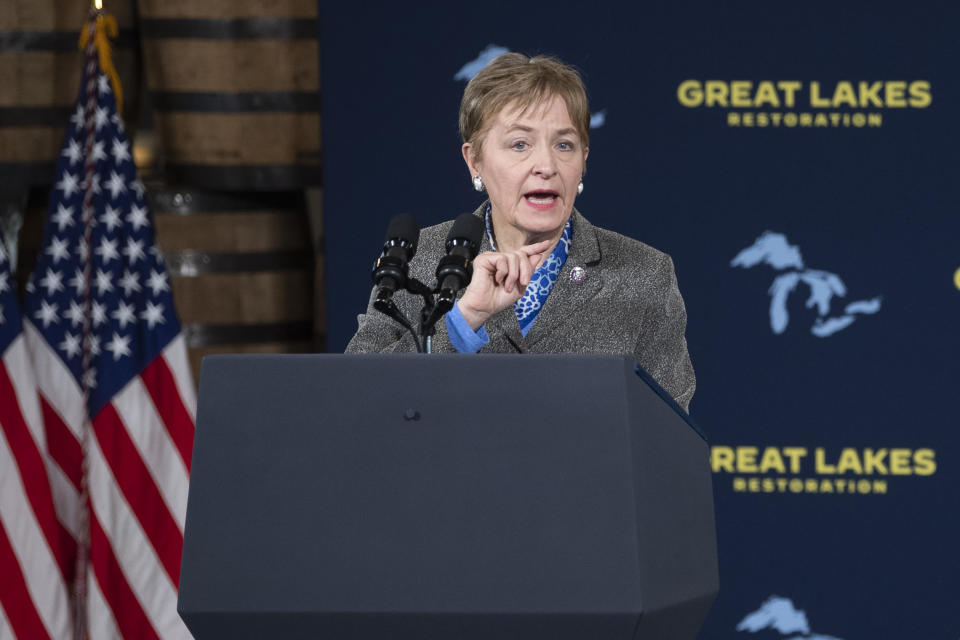 Rep. Marcy Kaptur, D-Ohio, speaks during an event at the Shipyards, Thursday, Feb. 17, 2022, in Lorain, Ohio. (AP Photo/Ken Blaze)