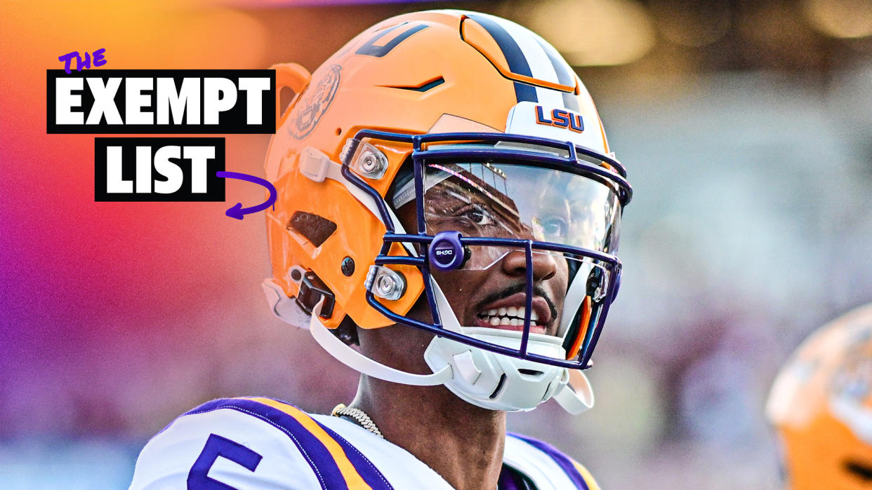 ORLANDO, FLORIDA - SEPTEMBER 03: Jayden Daniels #5 of the LSU Tigers looks on prior to a game against the Florida State Seminoles at Camping World Stadium on September 03, 2023 in Orlando, Florida. (Photo by Julio Aguilar/Getty Images)