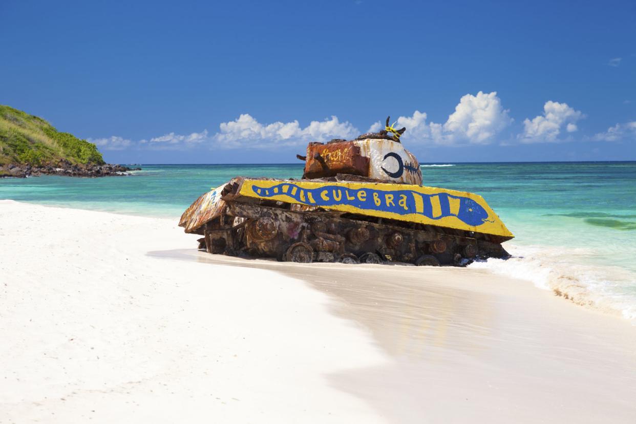 rusted, painted army tank on culebra island