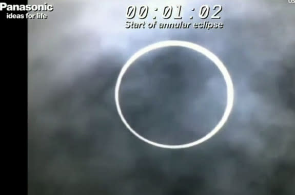 The moon blots out the sun in an annular solar eclipse as seen from the base camp of Mt. Fuji in Japan on May 20, 2012 in this still from a webcast by Panasonic Eclipse Live from Fujiyama by Solar Power, which broadcast the event live online.