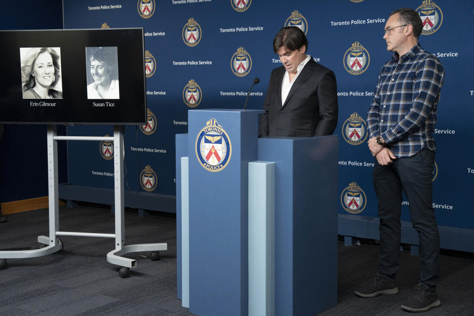 Sean McCowan speaks as Kaelin McCowan looks on, brothers of Erin Gilmour, during a press conference in Toronto, on Monday, Nov. 28, 2022. Police Chief James Ramer said Monday that Joseph George Sutherland from Moosonee, Ontario, was arrested Thursday and charged with first-degree murder in the killings of Erin Gilmour and Susan Tice in 1983. (Chris Young/The Canadian Press via AP)