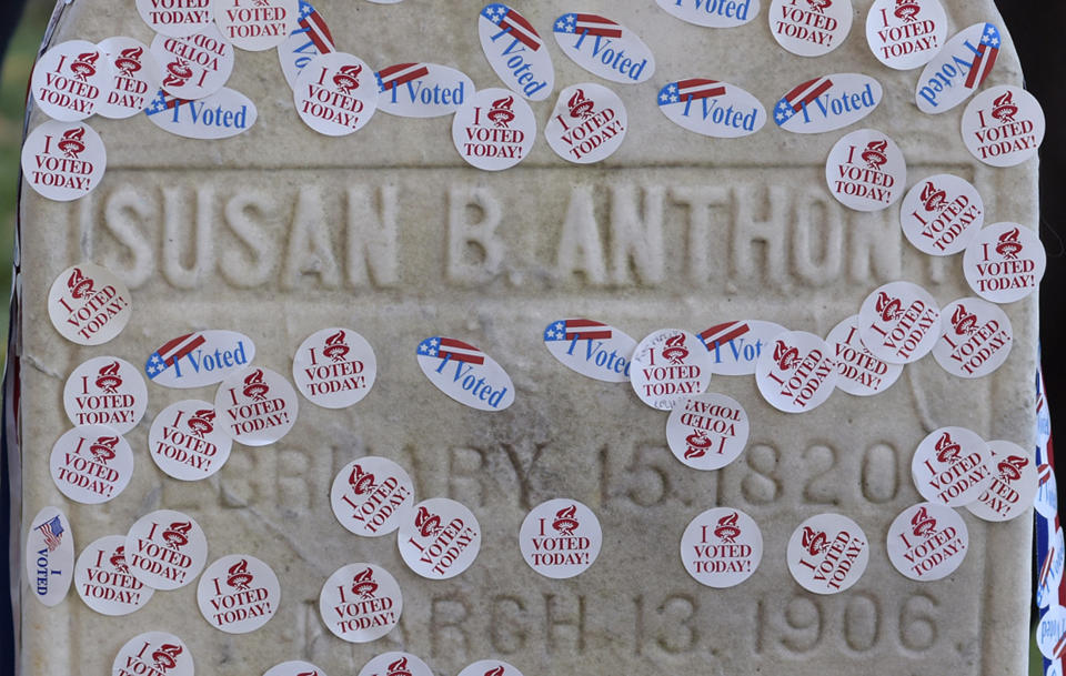 The grave of women's suffrage leader Susan B. Anthony is pictured covered with "I Voted" stickers from the U.S. presidential election at Mount Hope Cemetery in Rochester, New York, on&nbsp;Nov. 8.&nbsp;