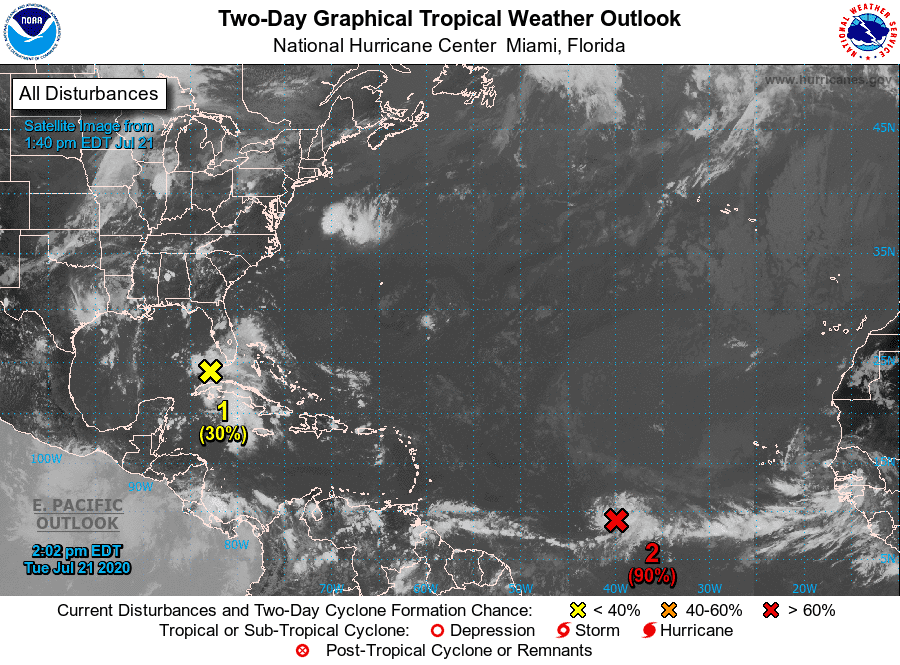 Forecasters Tuesday were monitoring two separate systems for potential development into tropical depressions, one in the Gulf of Mexico (1) and one in the open waters of the Atlantic Ocean, which is dubbed Tropical Depression Seven (2).