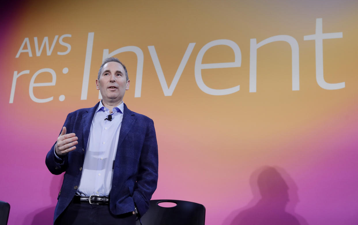 AWS CEO Andy Jassy, discusses a new initiative with the NFL that will transform player health and safety using cloud computing during AWS re:Invent 2019 on Thursday, Dec. 5, 2019 in Las Vegas. (Isaac Brekken/AP Images for NFL)