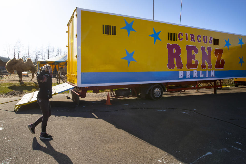 One of the children of the Renz Circus family plays around the trucks and animals stranded due to the coronavirus outbreak in Drachten, northern Netherlands, Tuesday March 31, 2020. (AP Photo/Peter Dejong)