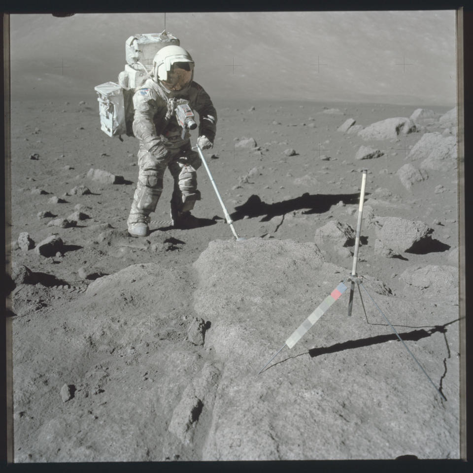 Scientist-astronaut Harrison Schmitt, Apollo 17 lunar module pilot, uses an adjustable sampling scoop to retrieve lunar samples during the second Apollo 17 extravehicular activity in this December 12, 1972 NASA handout photo. The photograph is one of more than 12,000 from NASA's archives recently aggregated on the Project Apollo Archive Flickr account.  REUTERS/NASA/Handout via Reuters   THIS IMAGE HAS BEEN SUPPLIED BY A THIRD PARTY. IT IS DISTRIBUTED, EXACTLY AS RECEIVED BY REUTERS, AS A SERVICE TO CLIENTS. FOR EDITORIAL USE ONLY. NOT FOR SALE FOR MARKETING OR ADVERTISING CAMPAIGNS