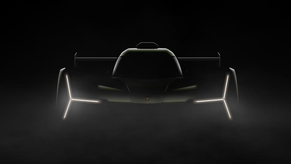 A teaser image of the Lamborghini LMDh race car expected to compete in 2024.