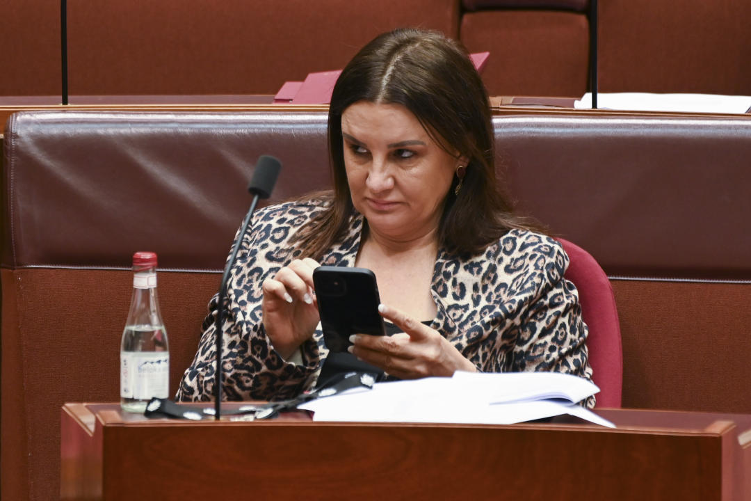 CANBERRA, AUSTRALIA - JULY 28: Senator Jacqui Lambie looks on during Question Time at Parliament House on July 28, 2022 in Canberra, Australia. The 47th parliament is sitting for the first time this week following Labor's victory over the Coalition government in the Australian Federal Election on May 21. (Photo by Martin Ollman/Getty Images)