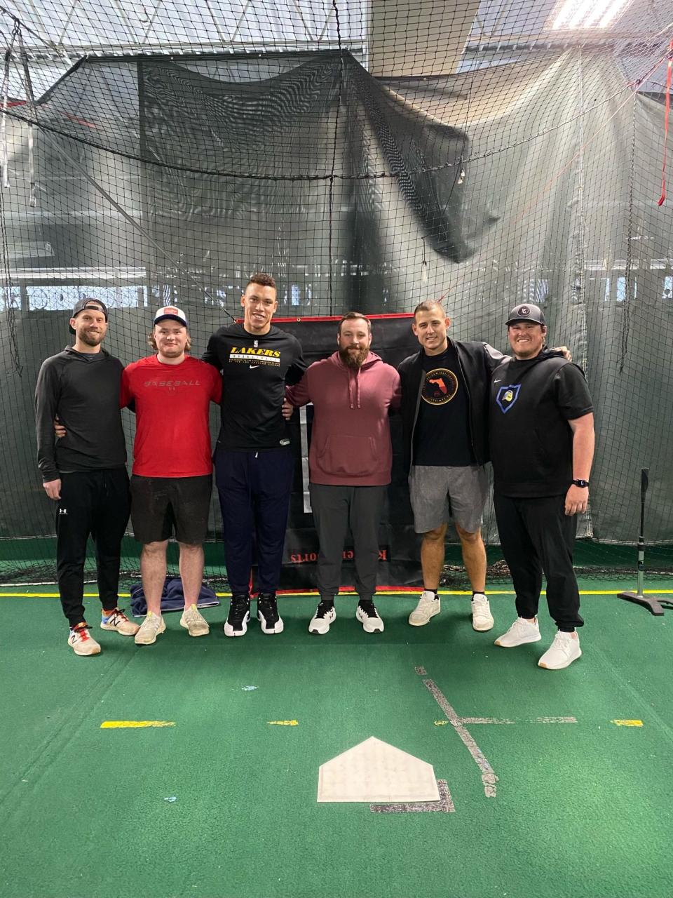 Left to right: Adam Bodary, Travis Wysocki, Aaron Judge, Christian Penn, Anthony Rizzo, Nick Swanson at USA Prime Michigan Baseball Facility.