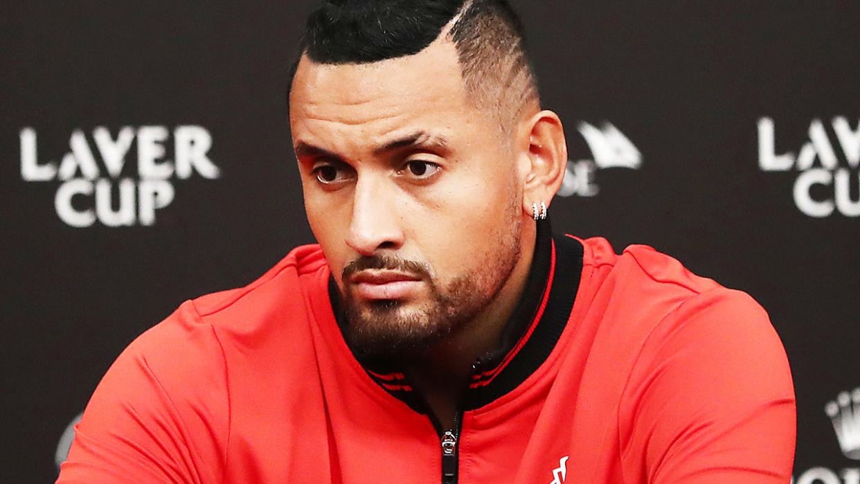 Nick Kyrgios, pictured here speaking to the media at the Laver Cup in 2021.