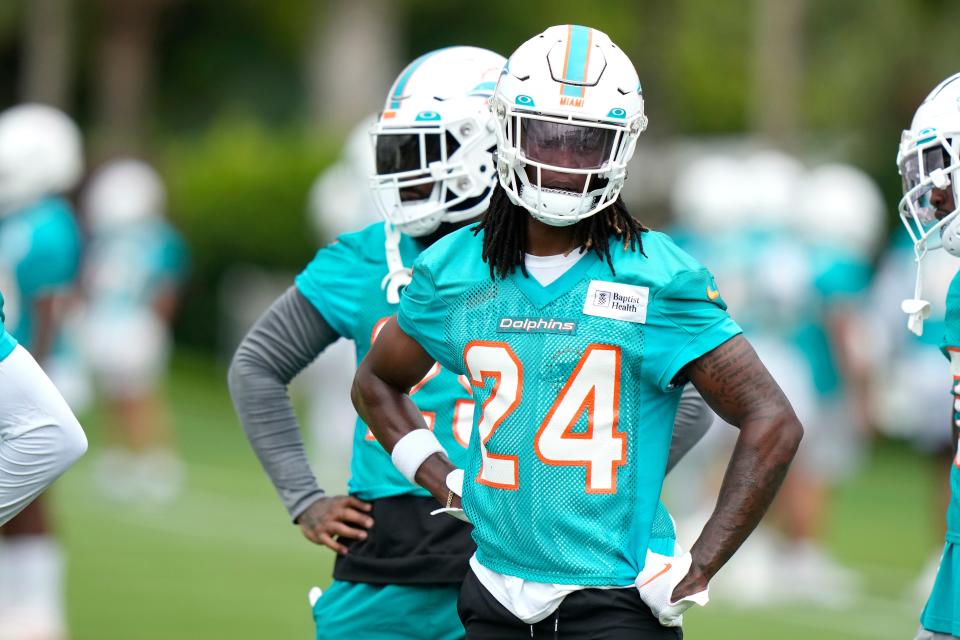 Miami Dolphins cornerback Cam Smith takes part in drills during practice at the NFL football team's training facility, Tuesday, June 6, 2023, in Miami Gardens, Fla. (AP Photo/Lynne Sladky)