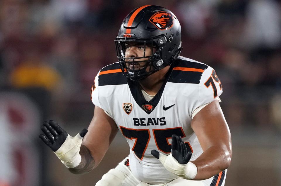 Oct 8, 2022; Stanford, California, USA; Oregon State Beavers offensive lineman Taliese Fuaga (75) blocks during the first quarter against the Stanford Cardinal at Stanford Stadium. Mandatory Credit: Darren Yamashita-USA TODAY Sports