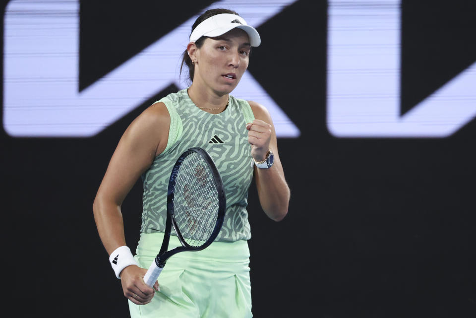 Jessica Pegula of the U.S. reacts after defeating Rebecca Marino of Canada in their first round match at the Australian Open tennis championships at Melbourne Park, Melbourne, Australia, Tuesday, Jan. 16, 2024. (AP Photo/Asanka Brendon Ratnayake)