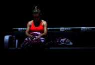 Tennis - Singapore WTA Finals Round Robin Singles - Singapore Indoor Stadium, Singapore - 25/10/2016 - Simona Halep of Romania sits on her bench in between games against Angelique Kerber of Germany. REUTERS/Edgar Su