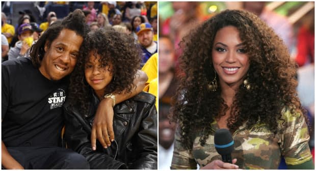 JAY-Z with Blue Ivy, Beyoncé<p>Jim Poorten/NBAE via Getty Images/Peter Kramer/Getty Images</p>