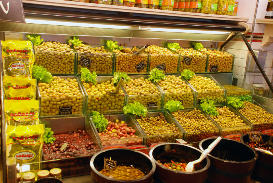 This undated photo shows an array of olives in a shop in the neighborhood of Karakoy in Istanbul, Turkey. Istanbul is best-known among tourists for mosques and bazaars but it also offers interesting neighborhoods for visitors to explore like Karakoy, home to small shops, galleries and cafes. (AP Photo/Sisi Tang)