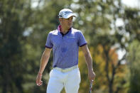 Justin Thomas follows his putt on the third green of the Silverado Resort North Course during the first round of the Fortinet Championship PGA golf tournament in Napa, Calif., Thursday, Sept. 14, 2023. (AP Photo/Eric Risberg)